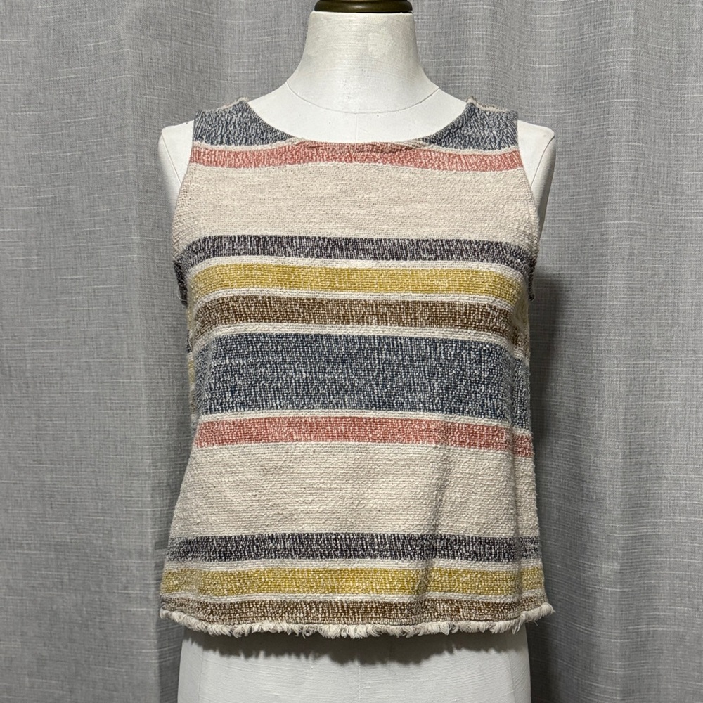 Green Envelope Sleeveless Cropped Top-M-Cotton Blend-Raw Bottom Hem-Striped-EUC